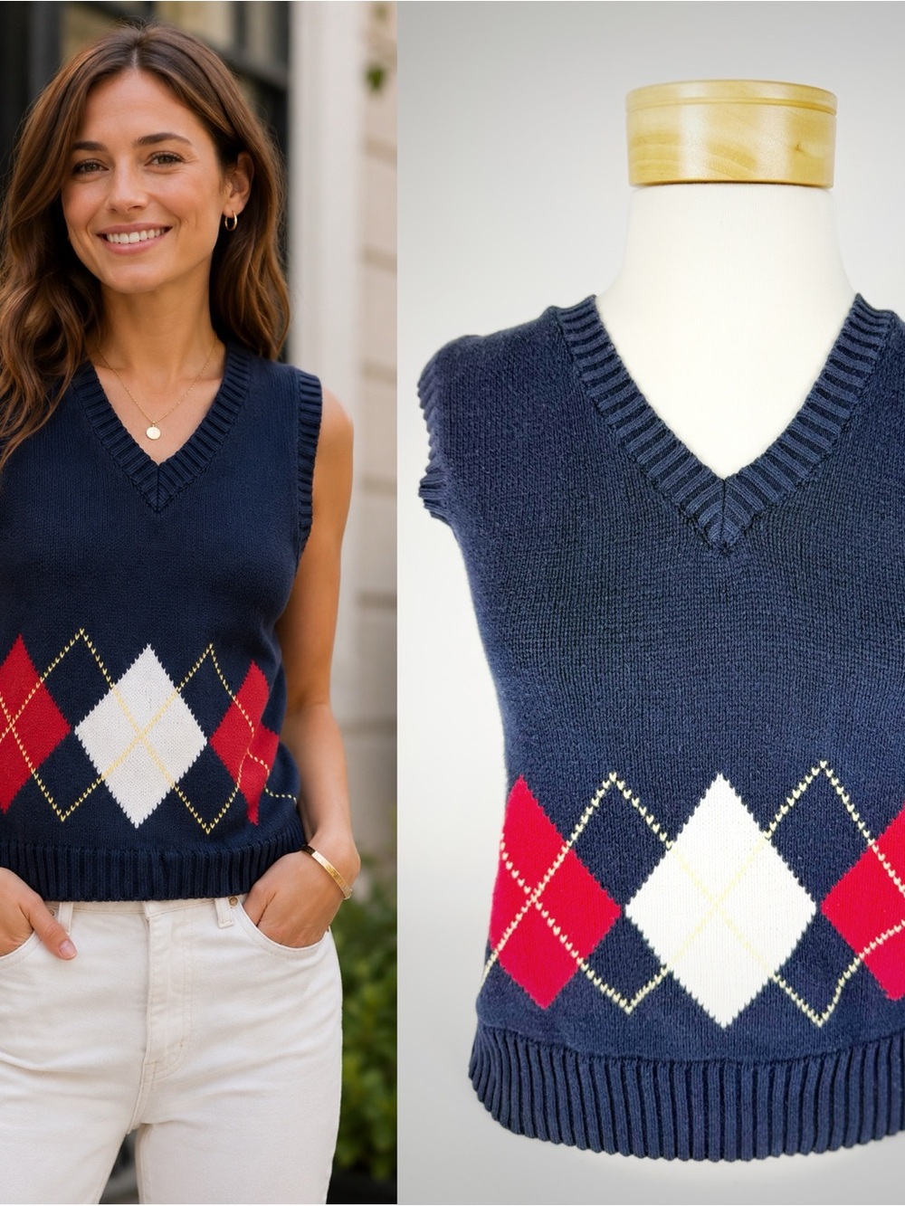 Bobbie Brooks Navy Argyle V-Neck Sweater Vest with Red & White Diamonds